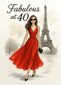 Illustrated woman in a red dress stands by the Eiffel Tower with Fabulous at 40.