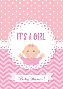 Pink baby shower card with a baby girl illustration, polka dots, scalloped frame, and banner.