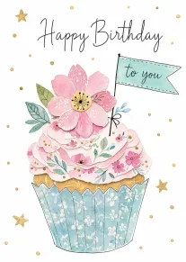 A pink floral cupcake card saying Happy Birthday to you with gold stars and dots.