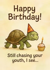 A turtle in a party hat faces a cupcake candle under happy birthday text.