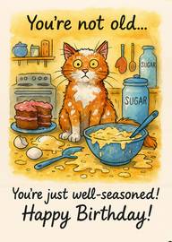 Funny Birthday Card with Cat and Baking Mess Illustration