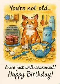 Watercolor cat in messy kitchen with baking items and birthday pun about being well-seasoned joke.