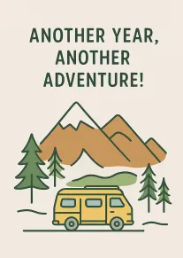 Minimal birthday card with mountains, pine trees, yellow van, and Another Year, Another Adventure text.