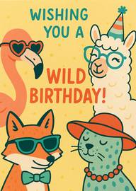 Fun Animal Birthday Card with Flamingo Fox Llama and Cat