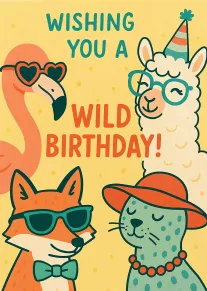 Cute colorful animal birthday card with flamingo, llama, fox, and cat wearing party accessories together.