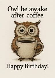 Cute owl holding coffee cup with birthday greeting and pun