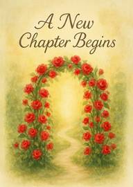 Watercolor card with red rose arch and new chapter message