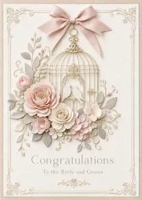 Pastel floral birdcage card with birds, ribbon bow, and Congratulations to the Bride and Groom.