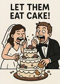 Funny Wedding Card with Bride and Groom Eating Cake