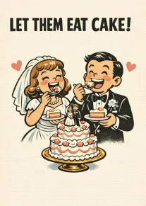 Bride and groom laugh while eating cake beside a tiered wedding cake.