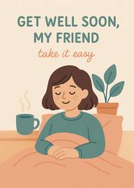 Get Well Soon Card with Relaxing Woman and Warm Drink Illustration