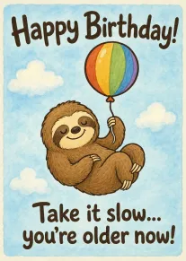 A smiling sloth holds a rainbow balloon beneath happy birthday text with a cheeky message.