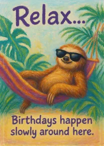 A sunglasses-wearing sloth lounges in a hammock among palm trees with relaxed birthday wording below.