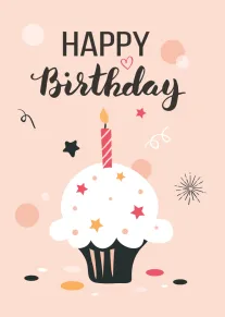 Pink birthday card with Happy Birthday text, cupcake, candle, and confetti on a pastel background.