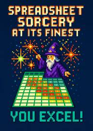 Pixel art wizard performing spreadsheet magic with colorful sparks