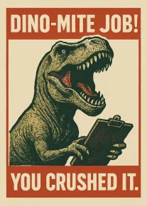 A roaring dinosaur holds a clipboard beneath the words Dino-mite Job You Crushed It today.