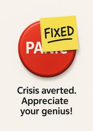 Appreciation card with fixed panic button and clever message