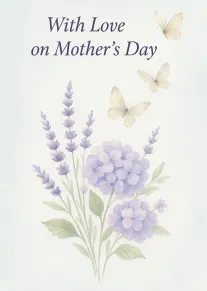 Watercolor lavender flowers and butterflies with With Love on Mother's Day text in purple tones.