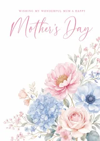 Watercolor pink floral Mother's Day card with elegant script wishing wonderful mum a happy day.