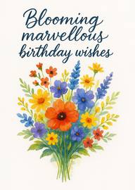 Watercolor bouquet with blooming marvellous birthday wishes text