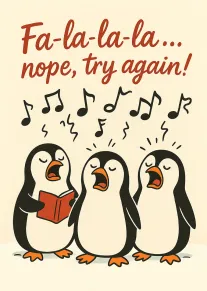 Three penguins sing off key with musical notes and a book beneath festive wording above.