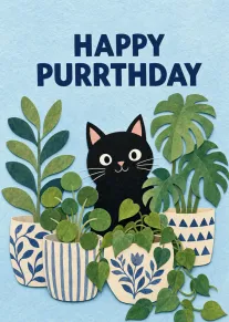 Black cat peeks from leafy potted plants beneath Happy Purrthday text on blue background card.