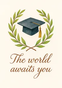 Watercolor graduation cap framed by a laurel wreath with the words The world awaits you.