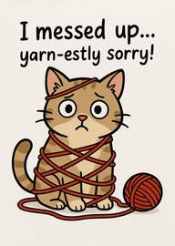 Cute apologetic cat tangled in red yarn with funny pun