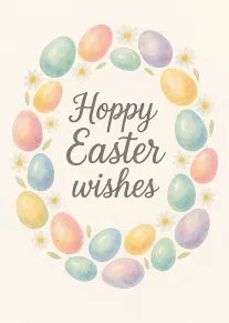 Watercolor pastel eggs and daisies frame the words Hoppy Easter wishes on a cream background.