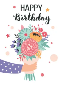 Happy Birthday card with a colourful bouquet held by a hand and playful stars.