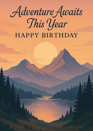Adventure Awaits This Year Happy Birthday Mountain Sunset Scene