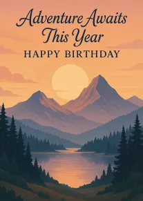 Sunset mountain landscape with pine trees and lake, featuring Adventure Awaits This Year Happy Birthday.
