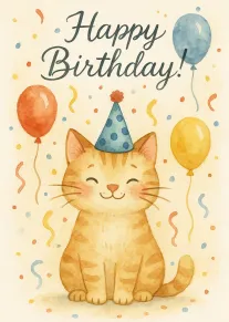 A smiling cat wearing a party hat sits beneath happy birthday text, balloons, and confetti.