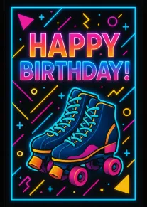 Bright neon birthday card featuring roller skates and bold HAPPY BIRTHDAY text on black background.