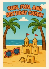 Cartoon beach birthday card with palm trees, sandcastle, sunglasses, and sunny cheerful text above ocean.