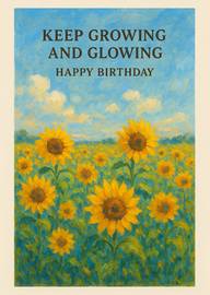 Sunflower Field Birthday Card with Keep Growing and Glowing Message