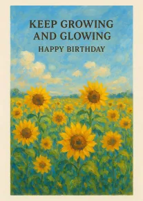 Sunflower field card with blue sky and Keep Growing and Glowing Happy Birthday text above.