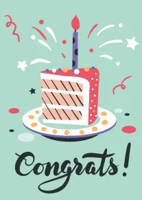 A cake slice with candle and confetti with Congrats text on a mint background.