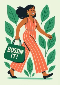 A smiling woman in a striped jumpsuit carries a Bossin' It bag surrounded by leaves.
