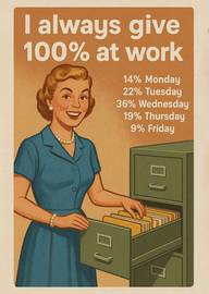 Retro style humorous work card with filing cabinet and smiling woman