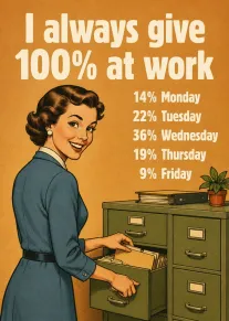 Retro office woman with 100% at work weekly percentage joke