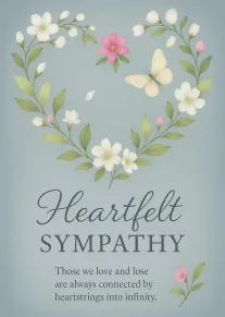 Soft floral heart wreath with butterfly and heartfelt sympathy message on pale blue background design.