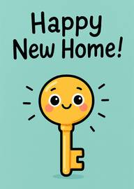 Happy New Home Card with Cute Smiling Key Illustration