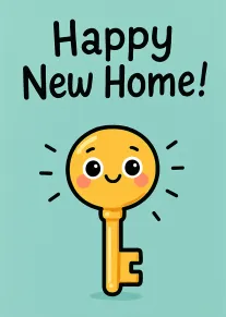 Cute smiling golden key with Happy New Home text on a soft aqua background card.