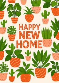 Happy New Home Card with Green Plants and Orange Pots