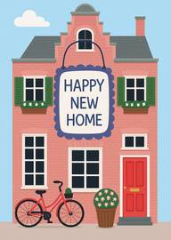 Charming pink house with red door and happy new home sign