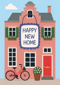 Pink house card with Happy New Home sign, bicycle, flowers, and bright blue sky background.