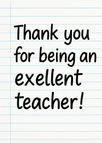 Black handwritten thank you message on lined notebook paper for an excellent teacher card design.