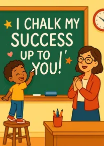 Child writes on a chalkboard while smiling teacher thanks them in a bright classroom scene.