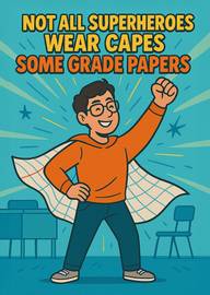 Cheerful student superhero with grade paper cape celebrating success